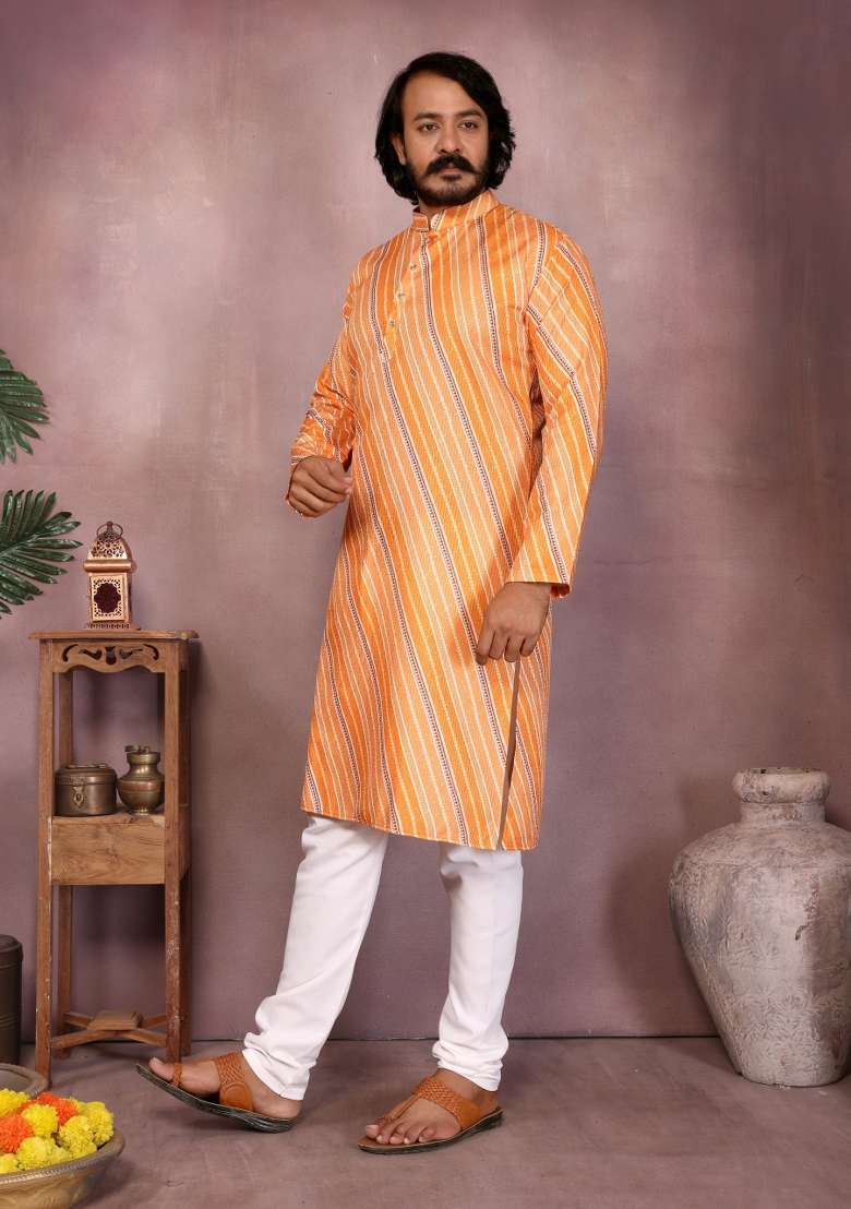 Light Orange Sequin Work Cotton Kurta Pyjama For Men - Indya