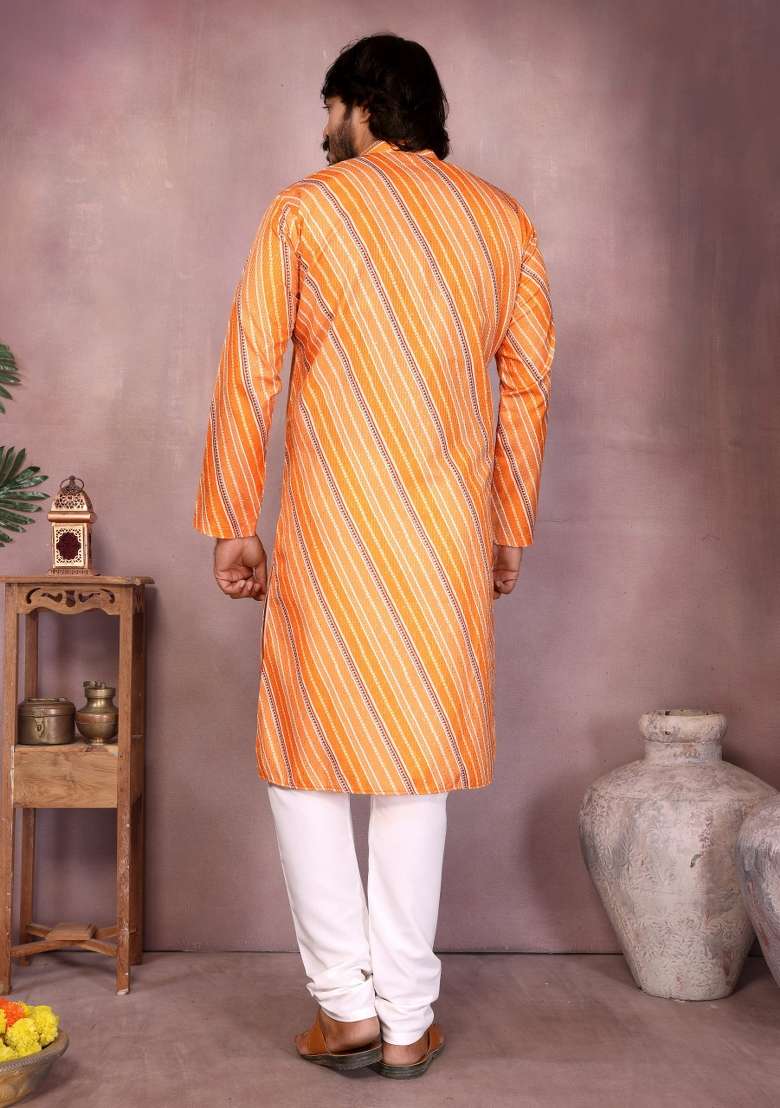 Light Orange Sequin Work Cotton Kurta Pyjama For Men - Indya