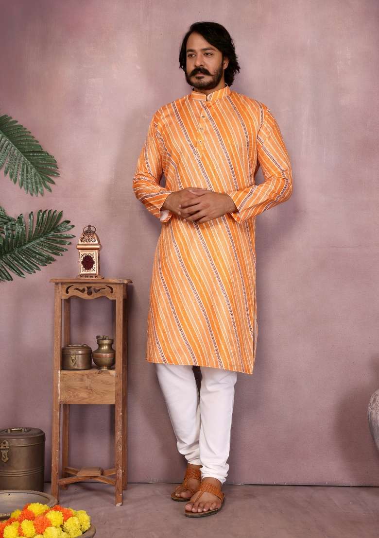 Light Orange Sequin Work Cotton Kurta Pyjama For Men - Indya