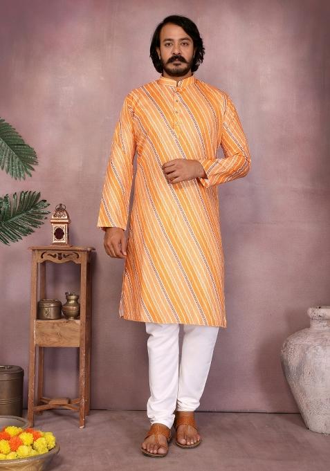 Light Orange Sequin Work Cotton Kurta Pyjama For Men