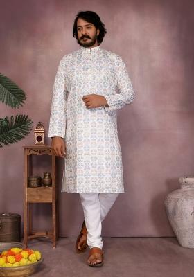 White Sequin Work Cotton Kurta Pyjama For Men