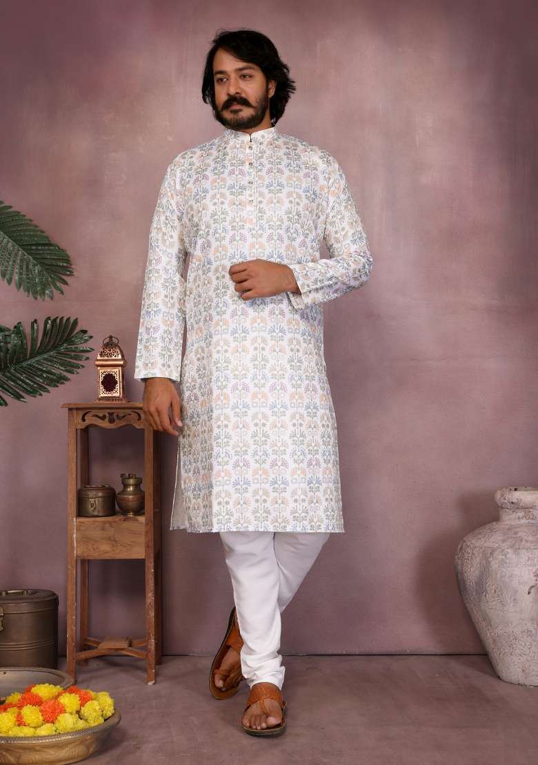White Sequin Work Cotton Kurta Pyjama For Men - Indya