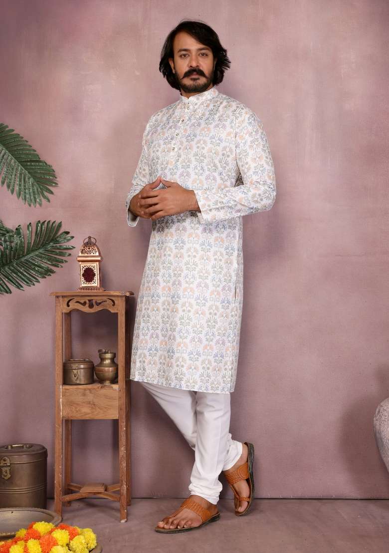 White Sequin Work Cotton Kurta Pyjama For Men - Indya