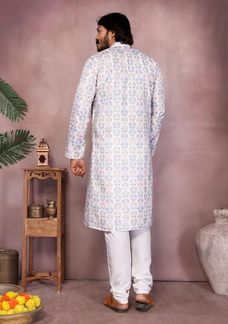 White Sequin Work Cotton Kurta Pyjama For Men - Indya