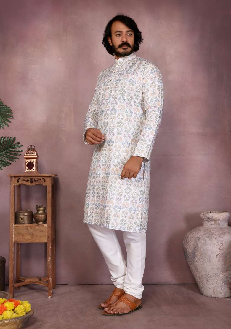 White Sequin Work Cotton Kurta Pyjama For Men - Indya
