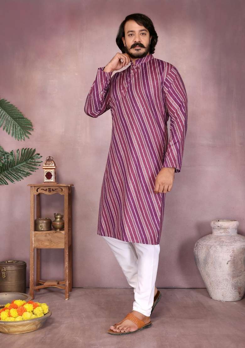 Purple Sequin Work Cotton Kurta Pyjama For Men - Indya