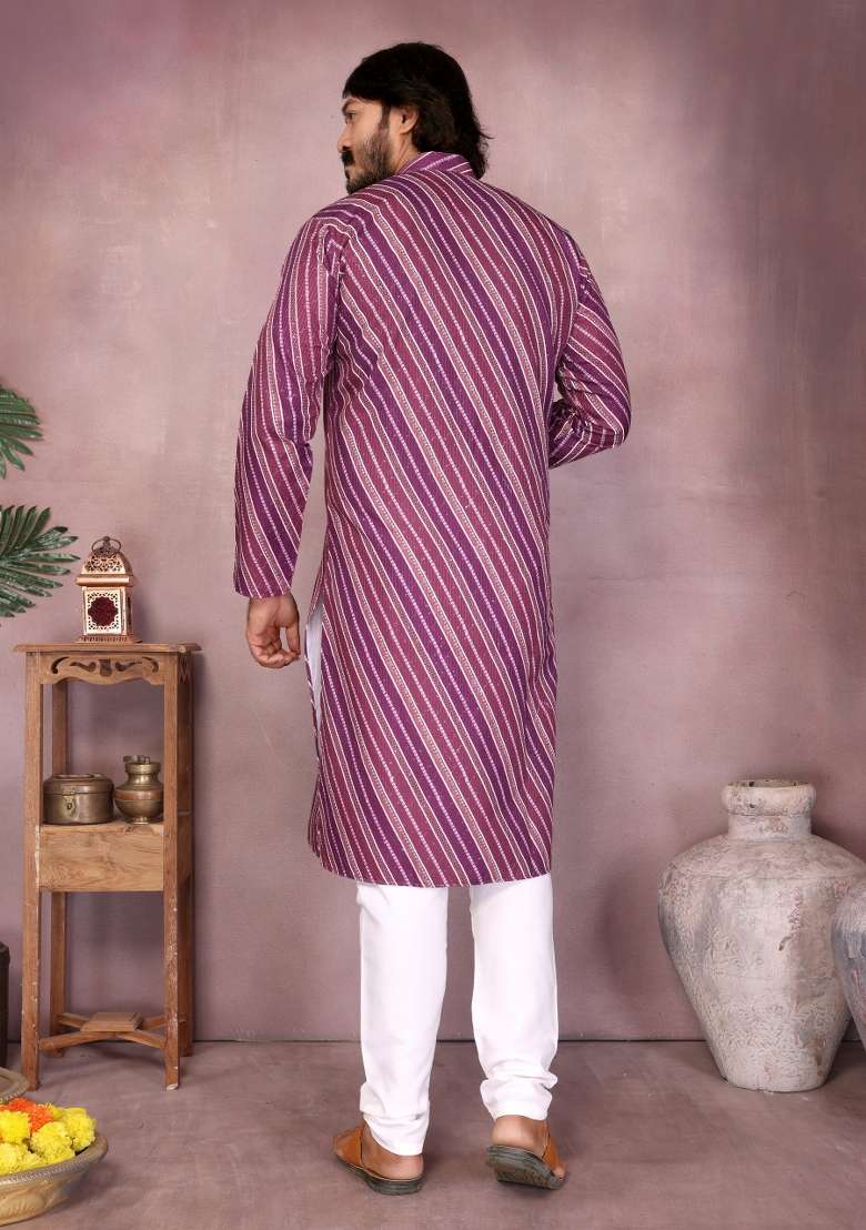 Purple Sequin Work Cotton Kurta Pyjama For Men - Indya