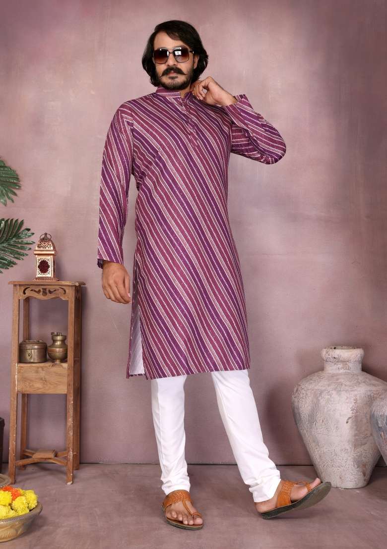 Purple Sequin Work Cotton Kurta Pyjama For Men - Indya