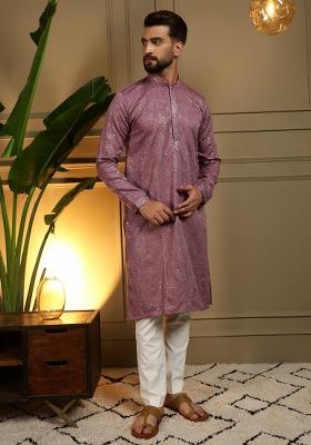 Purple Embroidered Cotton Kurta Pyjama For Men