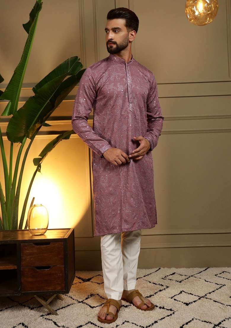 Purple Embroidered Cotton Kurta Pyjama For Men - Indya
