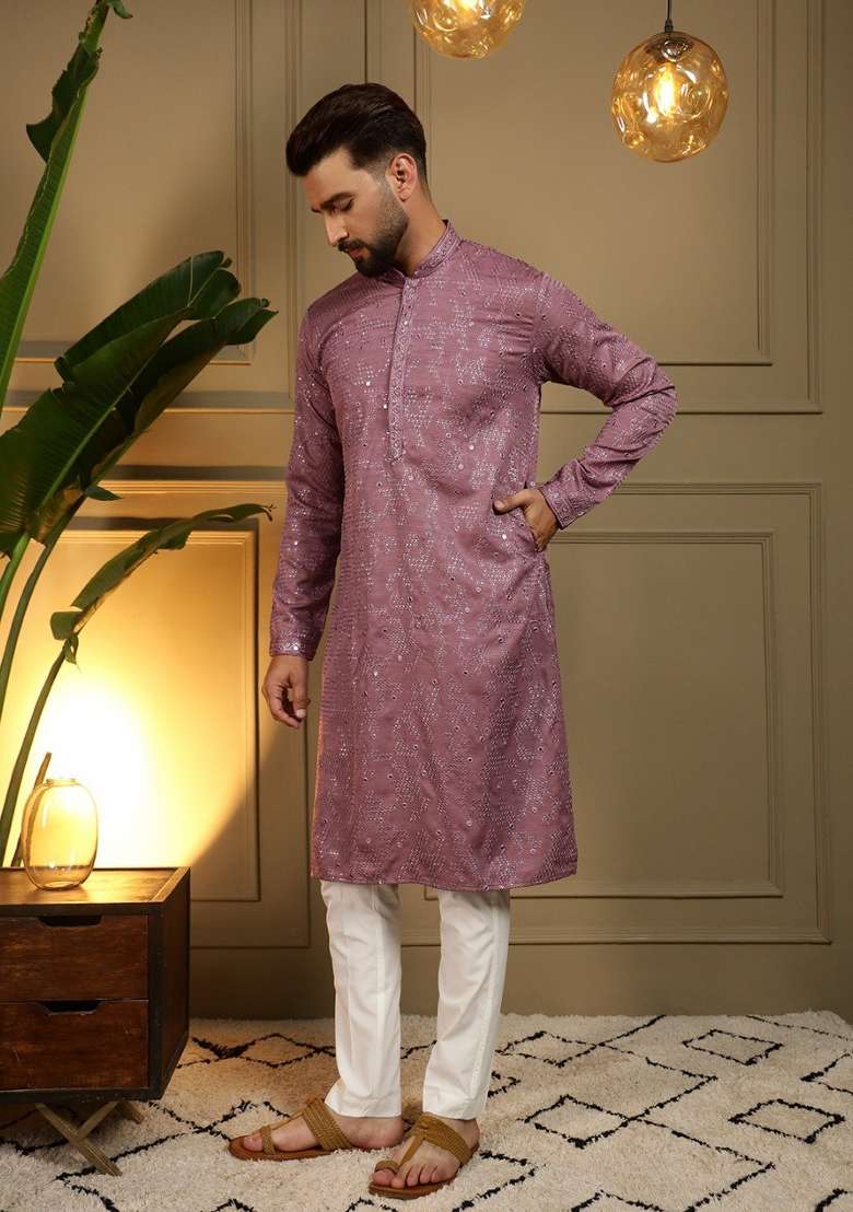 Purple Embroidered Cotton Kurta Pyjama For Men - Indya