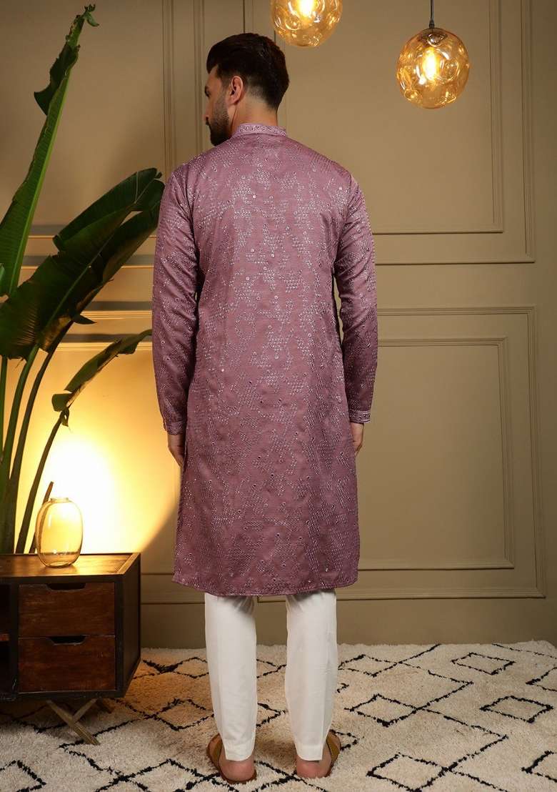 Purple Embroidered Cotton Kurta Pyjama For Men - Indya