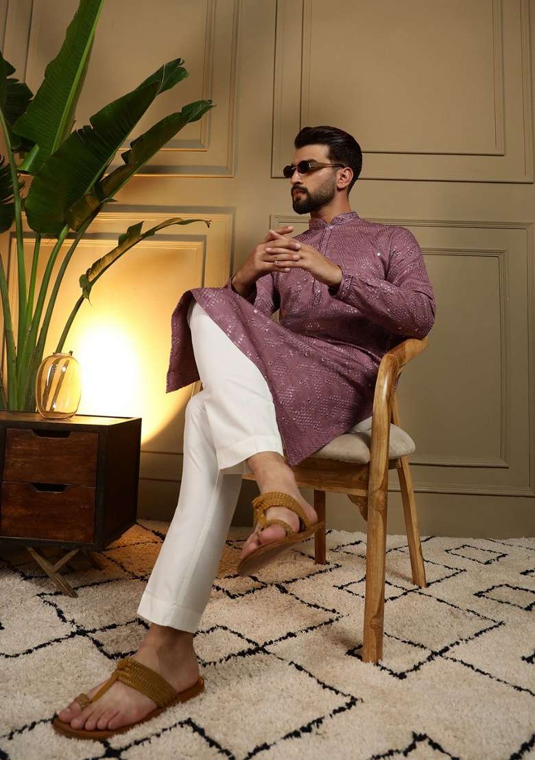 Purple Embroidered Cotton Kurta Pyjama For Men - Indya