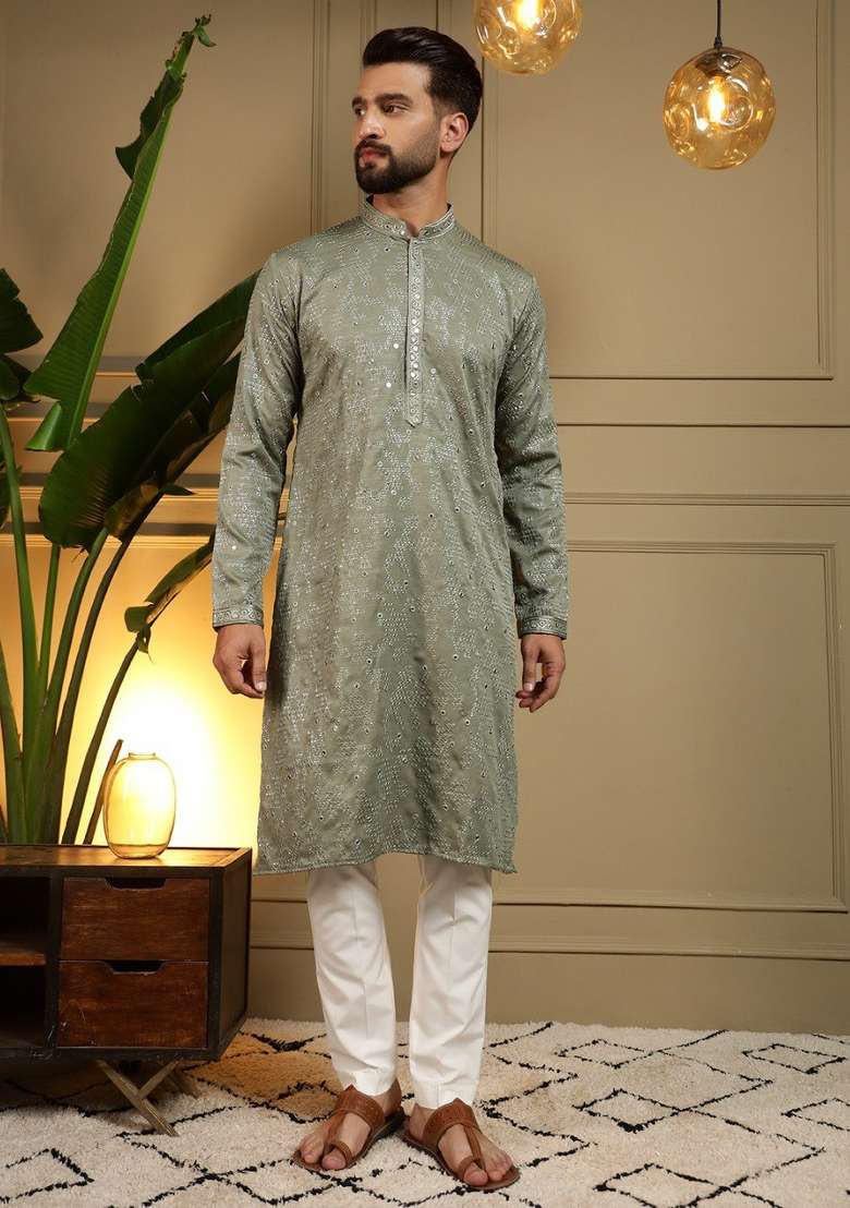 Light Green Embroidered Cotton Kurta Pyjama For Men - Indya