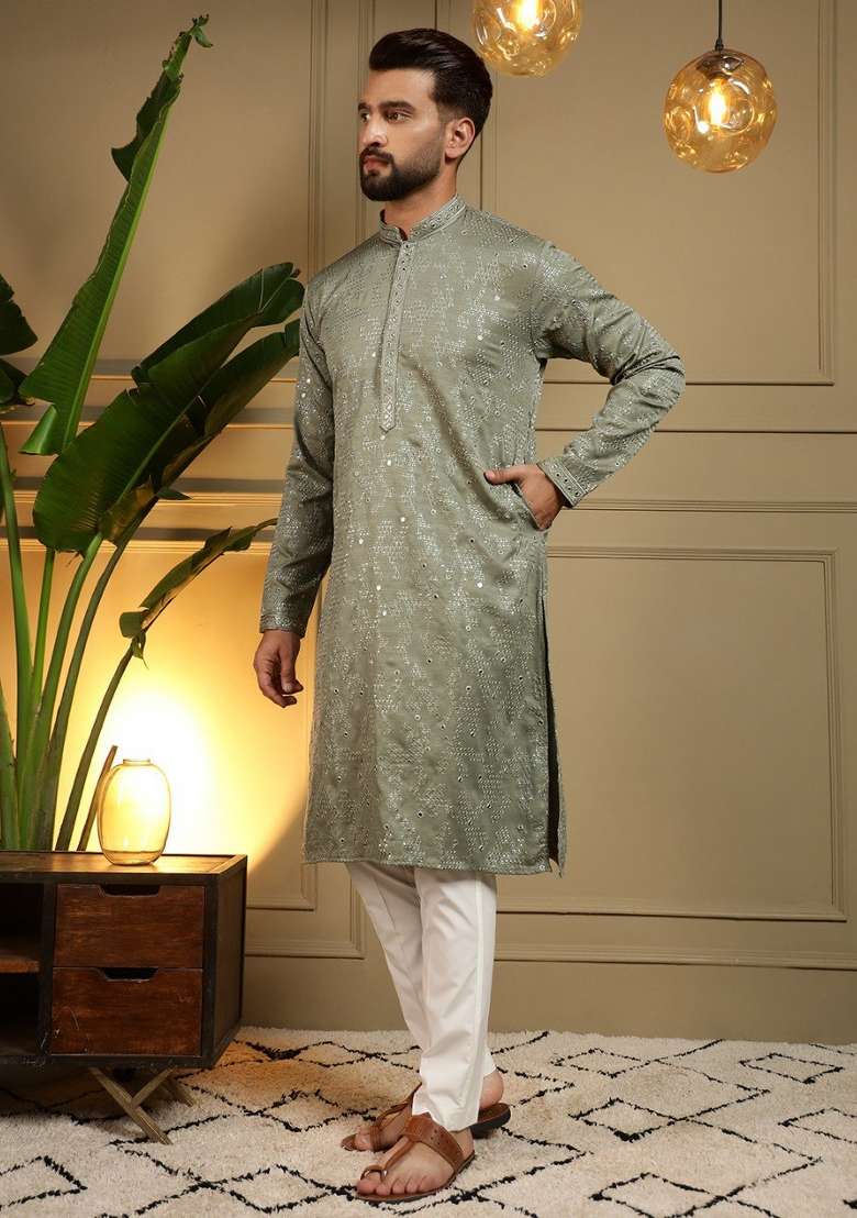 Light Green Embroidered Cotton Kurta Pyjama For Men - Indya