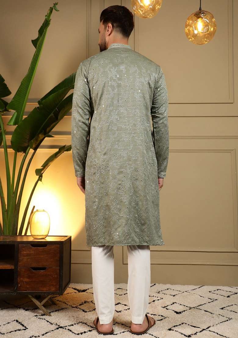 Light Green Embroidered Cotton Kurta Pyjama For Men - Indya