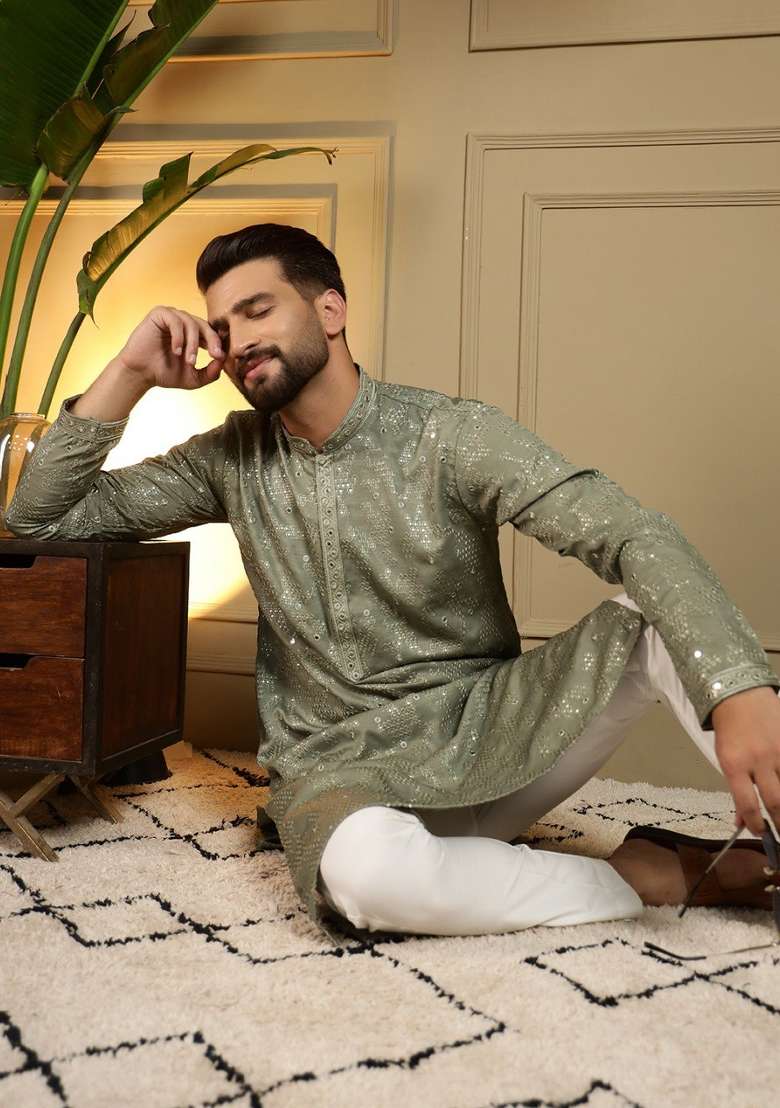 Light Green Embroidered Cotton Kurta Pyjama For Men - Indya