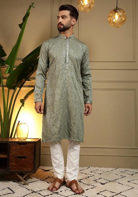 Light Green Embroidered Cotton Kurta Pyjama For Men