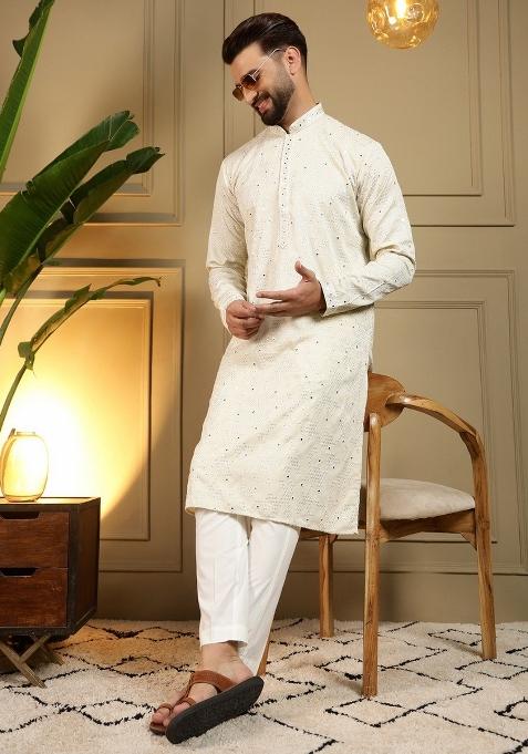 Cream Embroidered Cotton Kurta Pyjama For Men