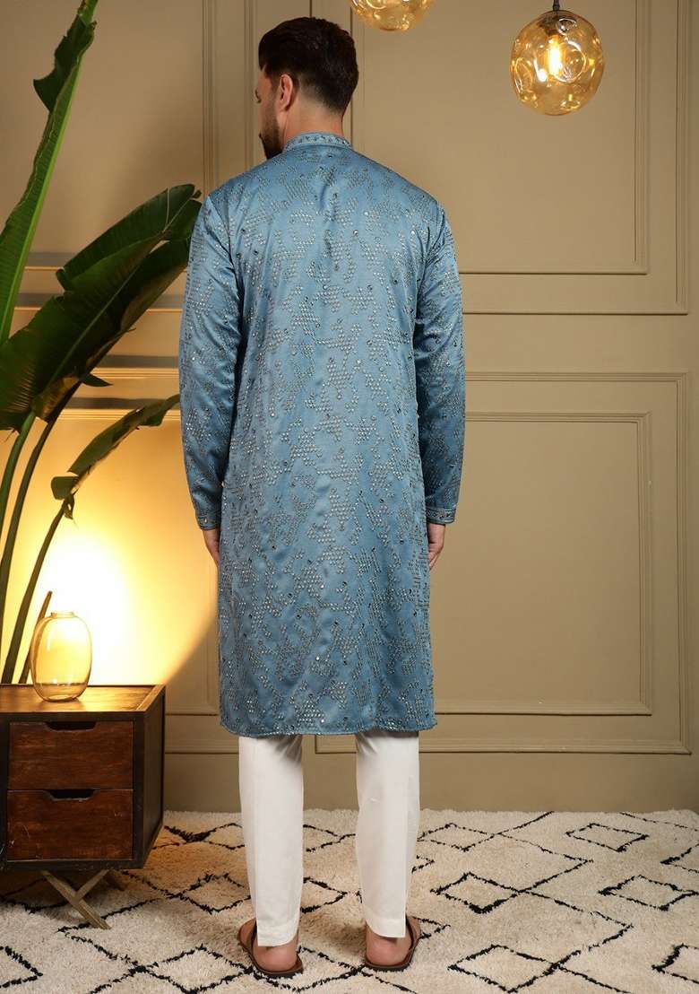 Teal Blue Embroidered Cotton Kurta Pyjama For Men - Indya