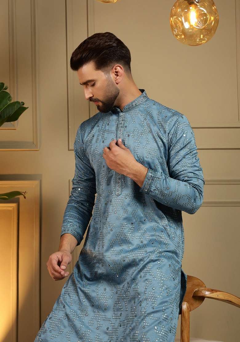 Teal Blue Embroidered Cotton Kurta Pyjama For Men - Indya