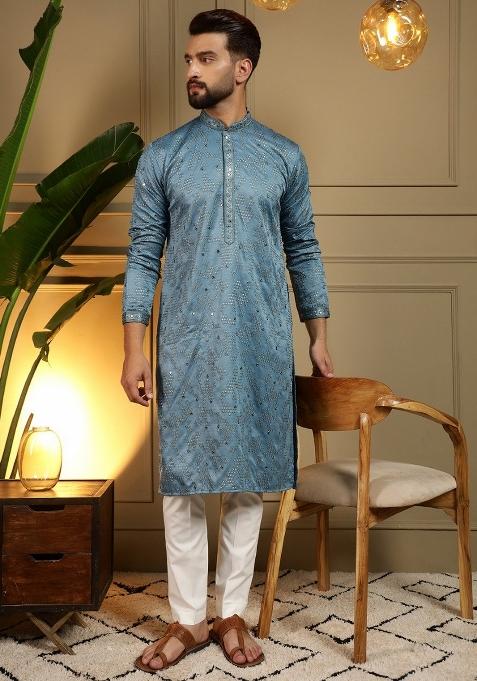 Teal Blue Embroidered Cotton Kurta Pyjama For Men