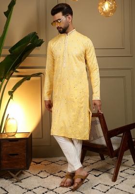 Yellow Embroidered Cotton Kurta Pyjama For Men