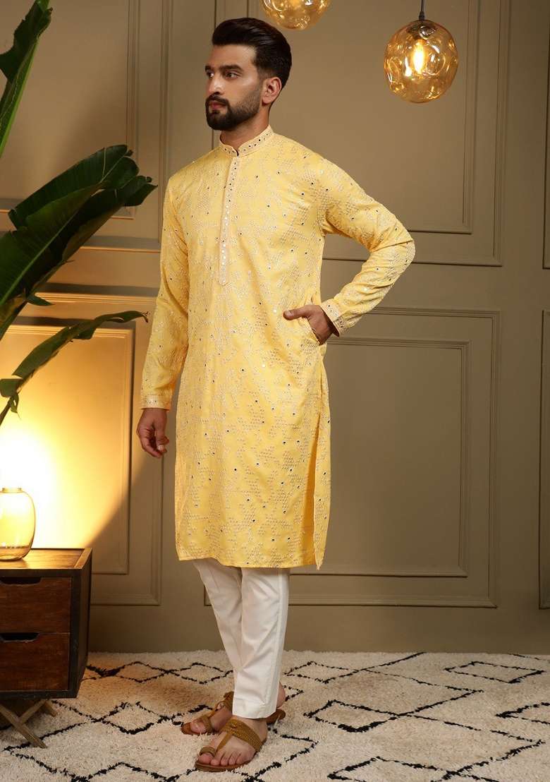 Yellow Embroidered Cotton Kurta Pyjama For Men - Indya