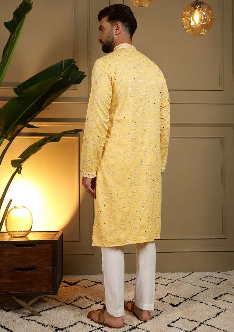 Yellow Embroidered Cotton Kurta Pyjama For Men - Indya