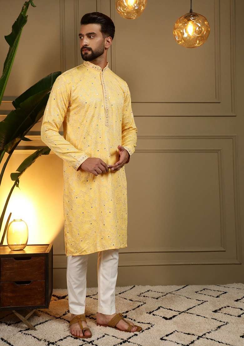 Yellow Embroidered Cotton Kurta Pyjama For Men - Indya