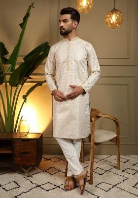 White And Yellow Printed Jacquard Kurta Pyjama For Men