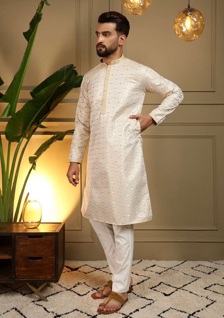 White And Yellow Printed Jacquard Kurta Pyjama For Men - Indya