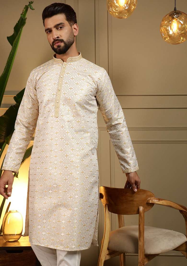 White And Yellow Printed Jacquard Kurta Pyjama For Men - Indya