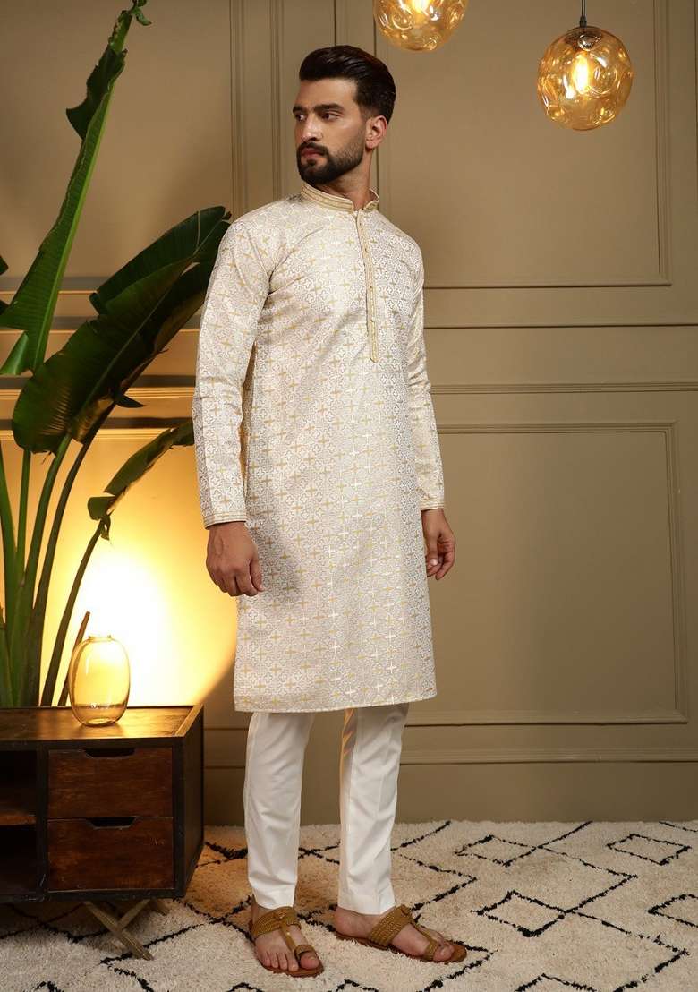 White And Yellow Printed Jacquard Kurta Pyjama For Men - Indya