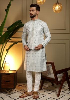 White And Green Printed Jacquard Kurta Pyjama For Men