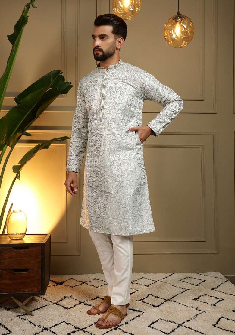 White And Green Printed Jacquard Kurta Pyjama For Men - Indya