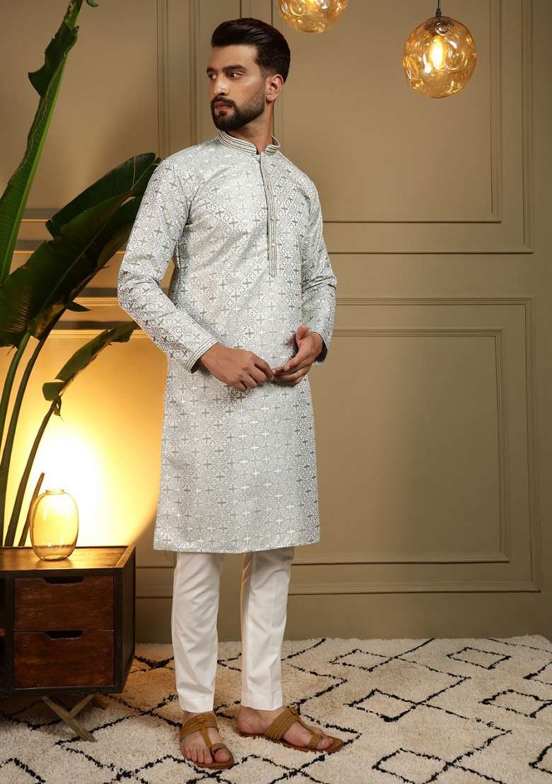 White And Green Printed Jacquard Kurta Pyjama For Men - Indya