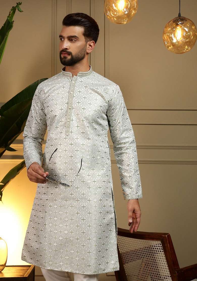 White And Green Printed Jacquard Kurta Pyjama For Men - Indya