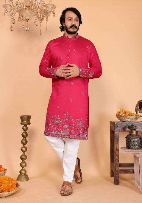 Pink Embroidered Cotton Kurta Pyjama For Men