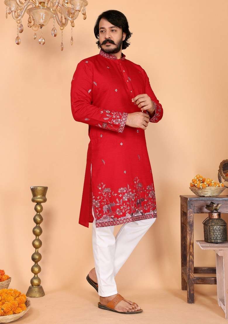 Red Embroidered Cotton Kurta Pyjama For Men - Indya