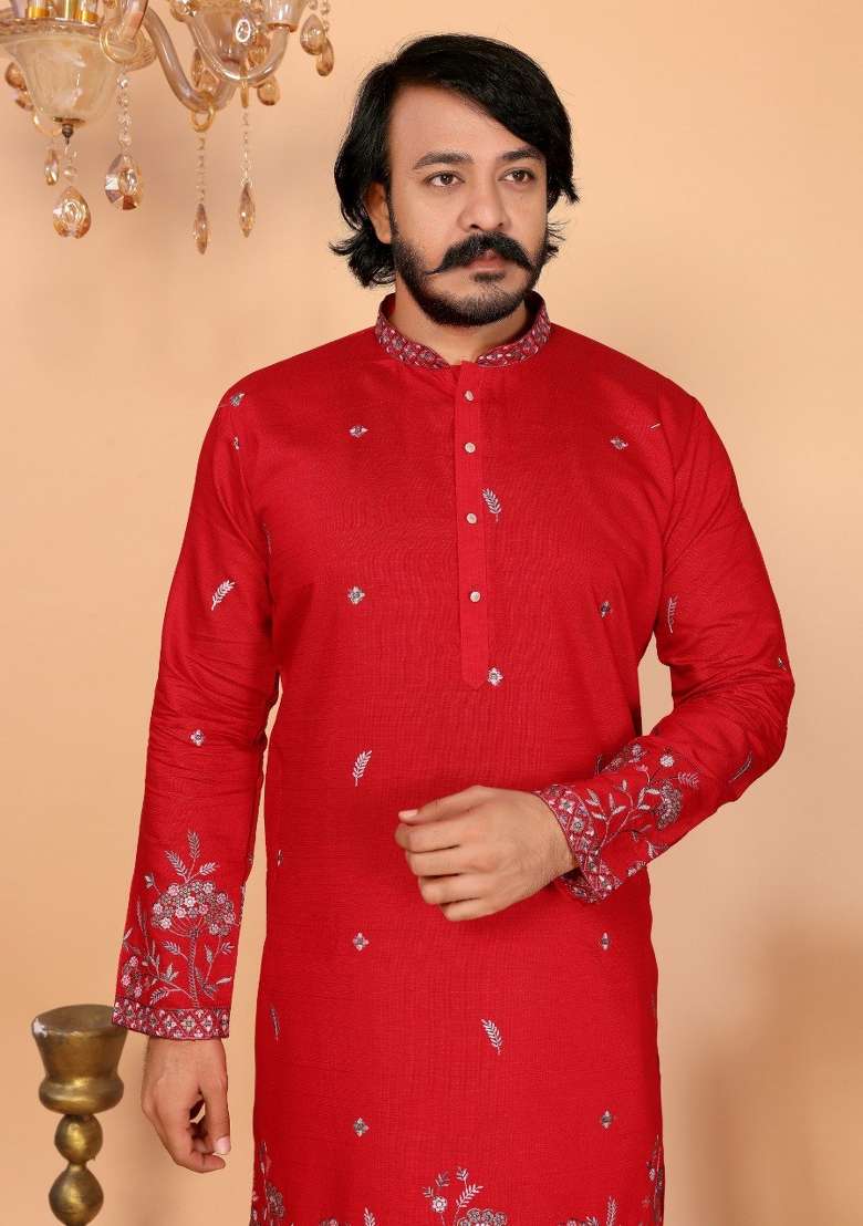 Red Embroidered Cotton Kurta Pyjama For Men - Indya