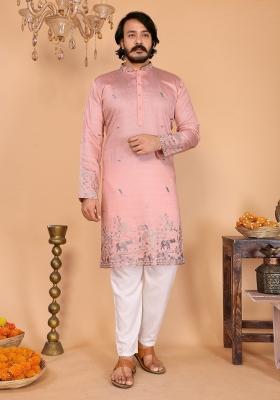 Blush Pink Embroidered Cotton Kurta Pyjama For Men