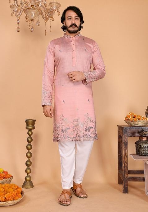 Blush Pink Embroidered Cotton Kurta Pyjama For Men