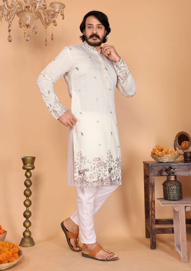 Off White Embroidered Cotton Kurta Pyjama For Men - Indya