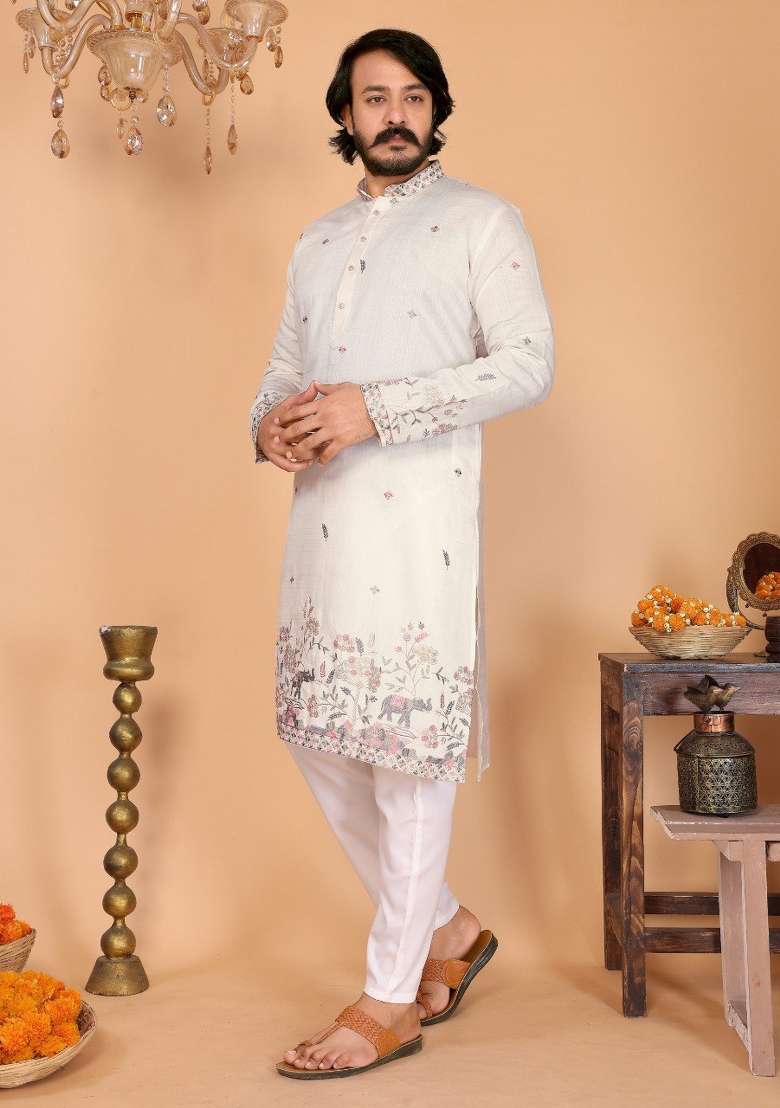 Off White Embroidered Cotton Kurta Pyjama For Men - Indya