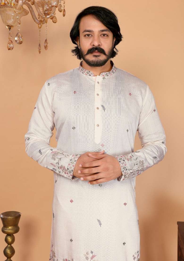 Off White Embroidered Cotton Kurta Pyjama For Men - Indya