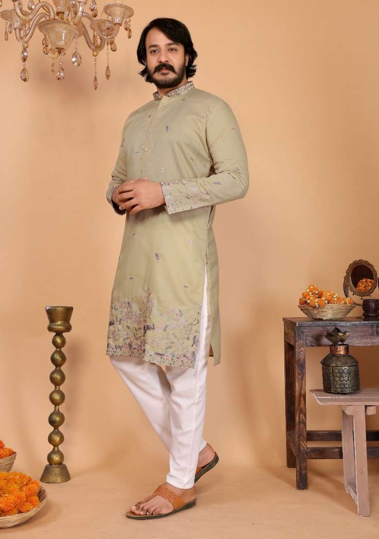 Beige Embroidered Cotton Kurta Pyjama For Men - Indya
