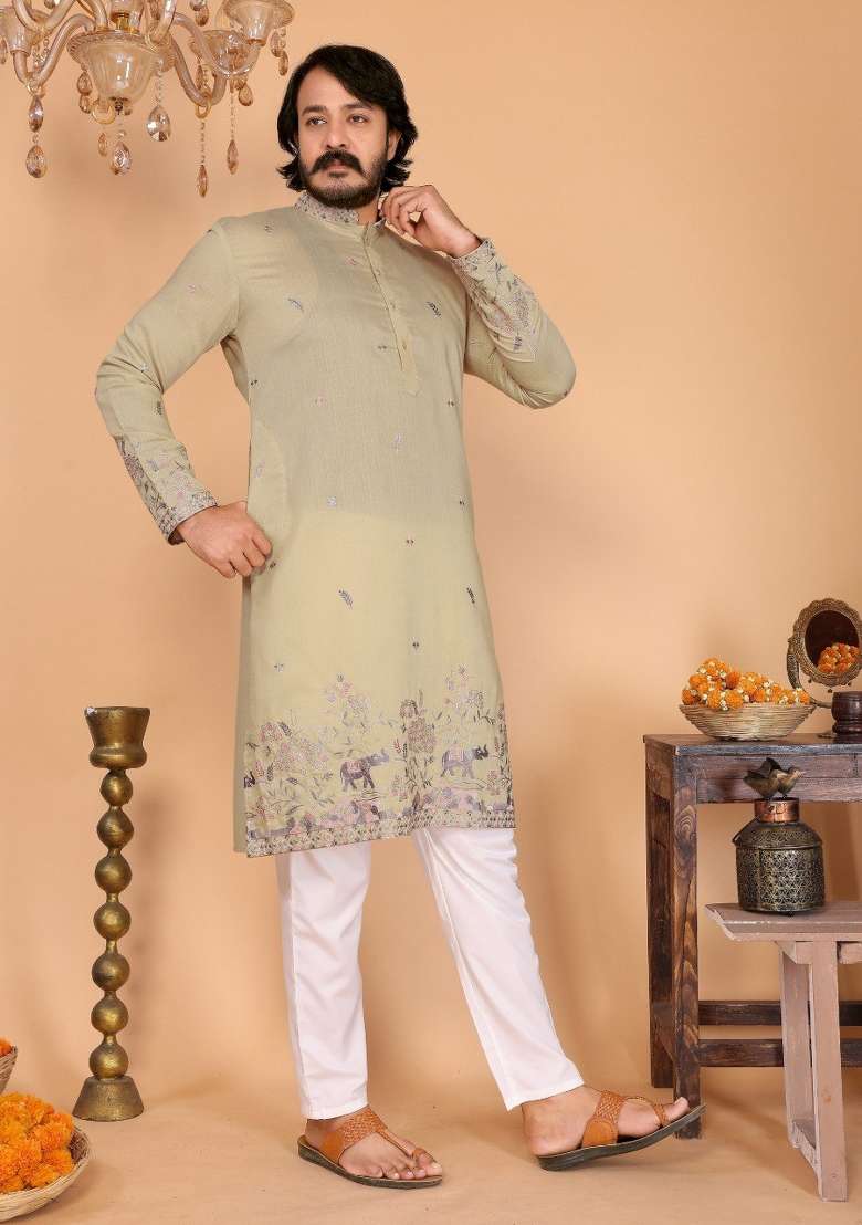 Beige Embroidered Cotton Kurta Pyjama For Men - Indya