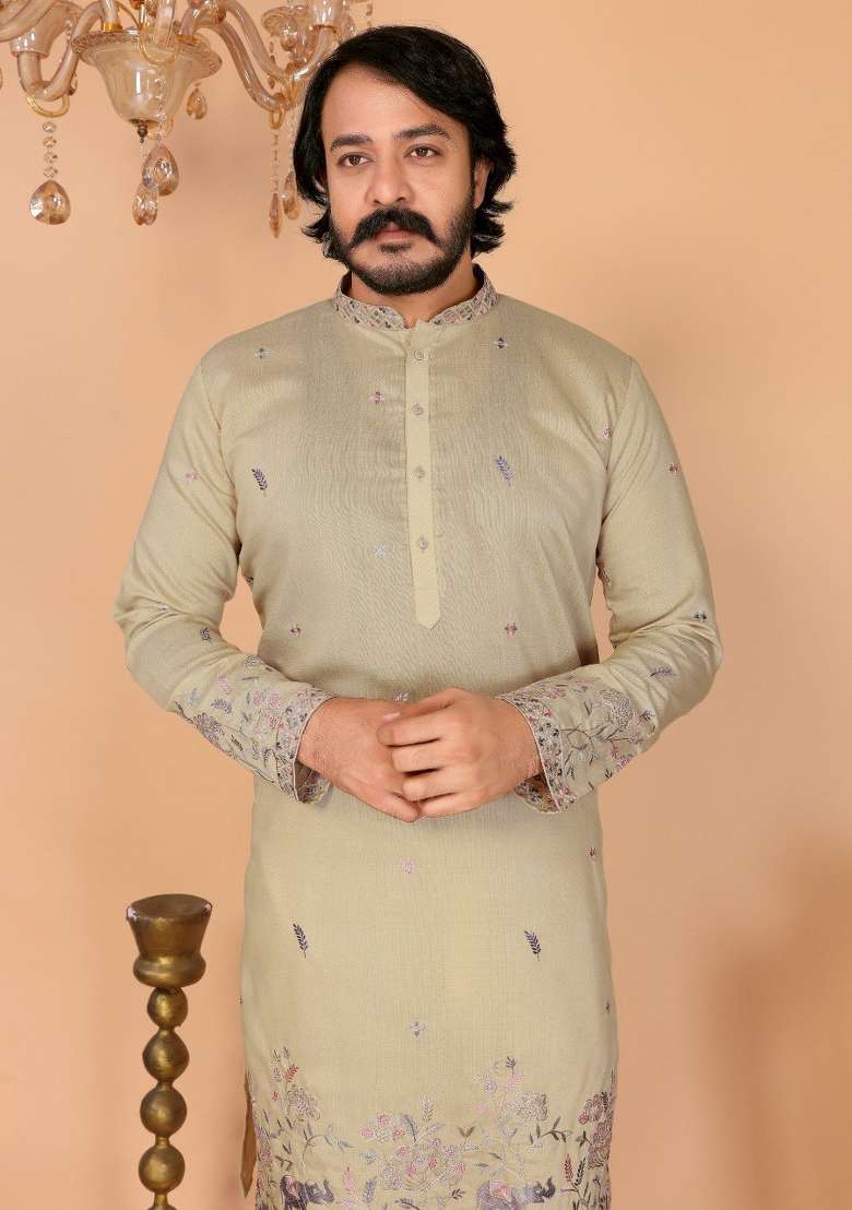 Beige Embroidered Cotton Kurta Pyjama For Men - Indya