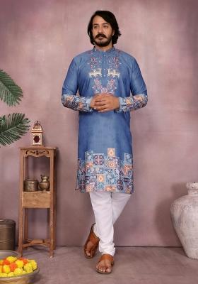 Blue Embroidered Cotton Kurta Pyjama For Men